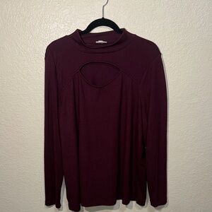Burgundy Cutout Long Sleeve Blouse Plus Size 2X